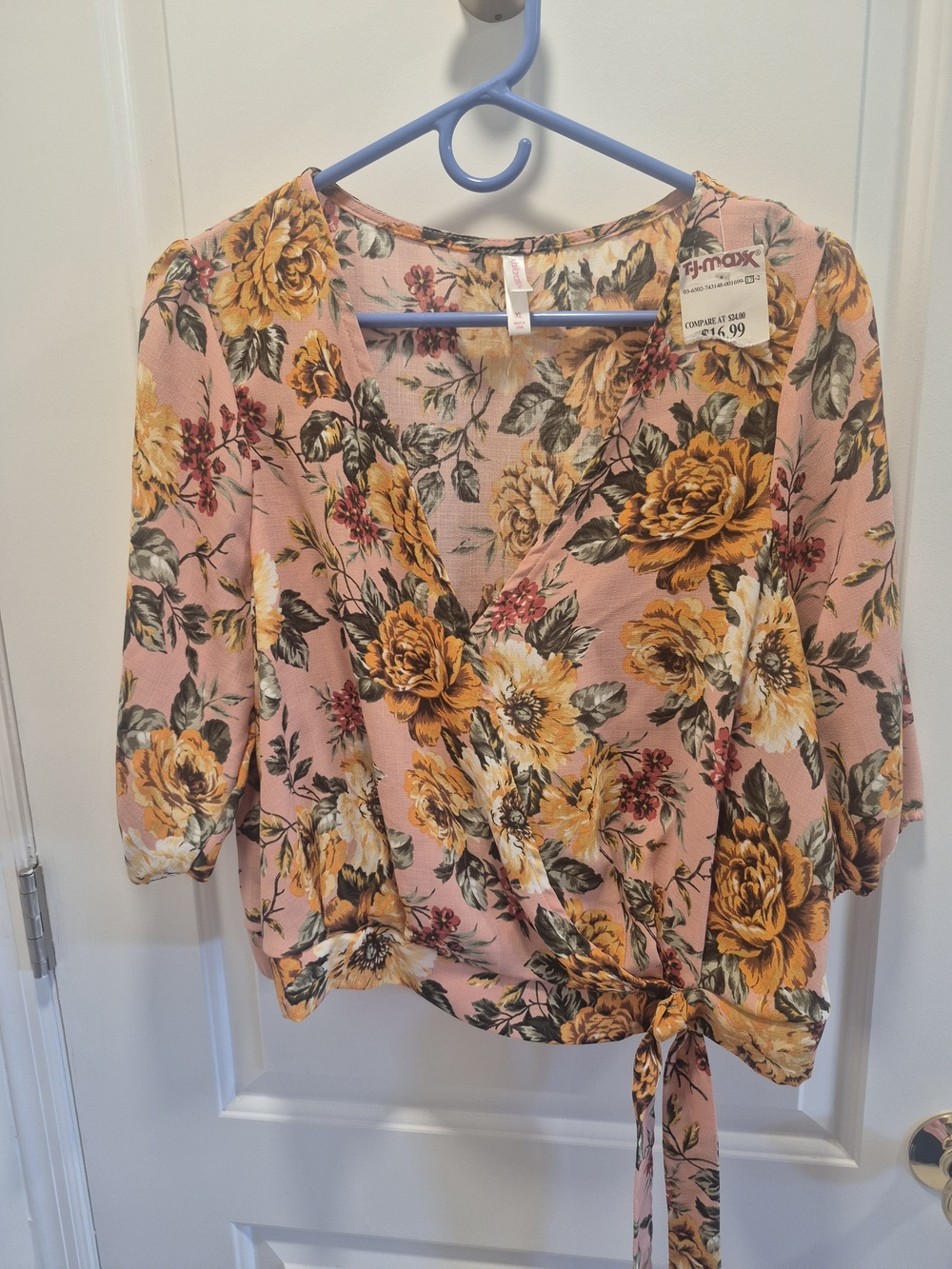 Xhilaration Tie-Front Blouse Pink Floral with Yellow Bouquet Print